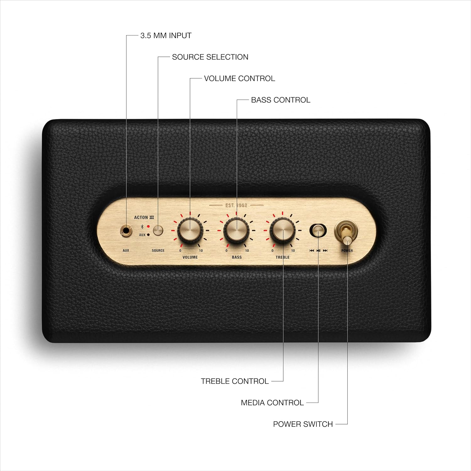 مكبر صوت Marshall Acton III Bluetooth المنزلي - صوت ستيريو عالٍ مع تحكم في الجهير والطبقات العالية، يعمل بالكهرباء، مدخل AUX بحجم 3.5 مم
