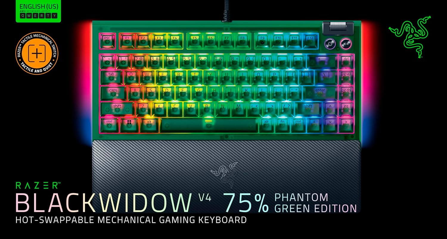 Razer BlackWidow V4 75% Phantom Green Editon - Hot-swappable Mechanical Gaming Keyboard (Orange Tactile Switches, media roller with 2 dedicated media buttons) US Layout