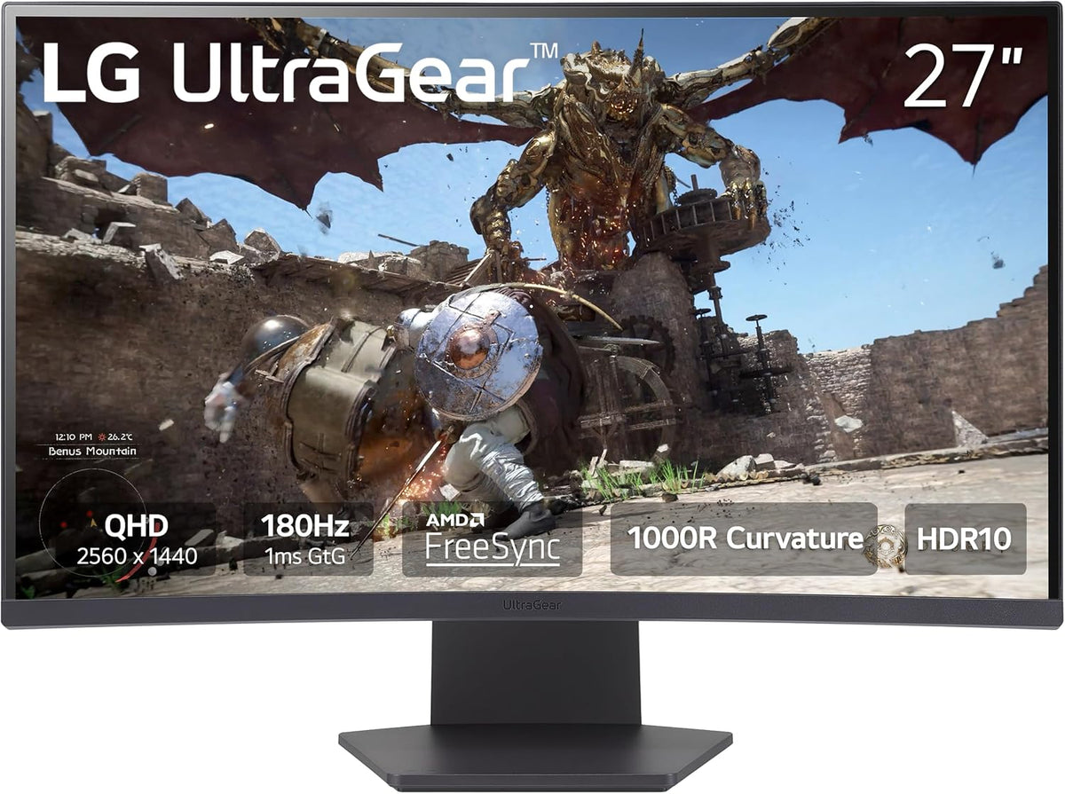 LG UltraGear 27GS60QC-B 27" QHD Curved Gaming Monitor, 2560×1440, 180Hz, 1ms GtG, VA, HDR10, sRGB 99%, AMD FreeSync, VESA AdaptiveSync, 1000R Curved