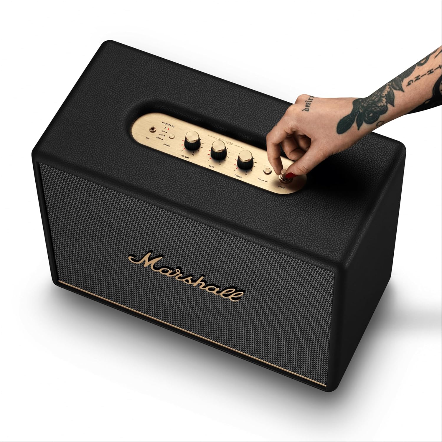 Marshall Woburn III Bluetooth Home Speaker - Loud Stereo Sound with Bass and Treble Controls , Plug-in Powered , Record Player Compatible , HDMI, RCA, 3.5mm Aux Inputs - Black