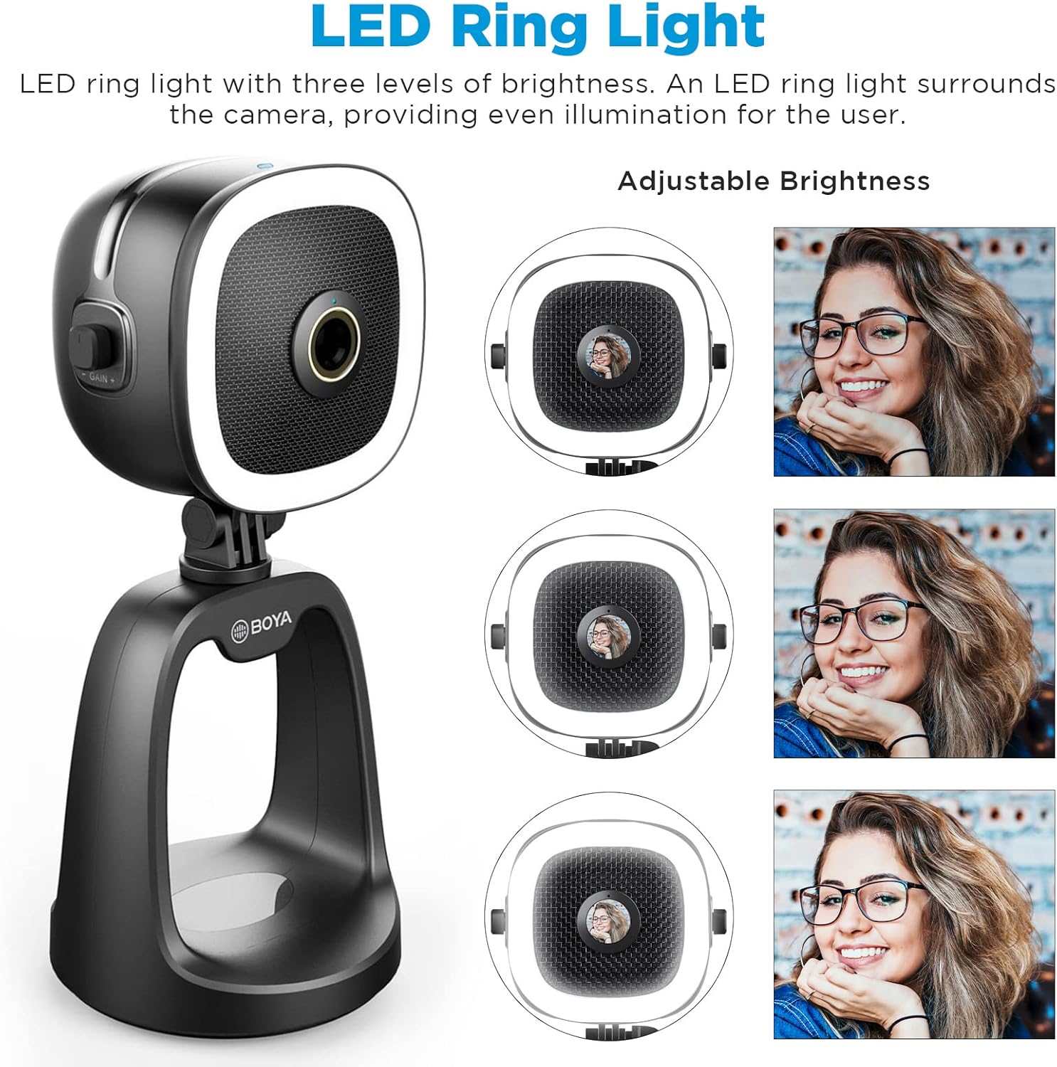 كاميرا ويب BOYA BY-CM6B 4K USB مزودة بميكروفون مدمج وإضاءة LED قابلة للتعديل - توصيل وتشغيل للبث ومكالمات الفيديو وإنشاء المحتوى