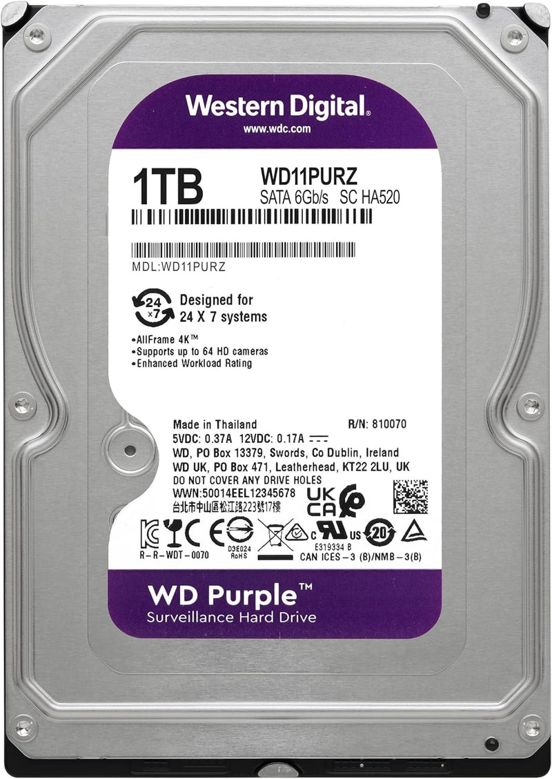 WD 1TB Purple 5400 rpm SATA III 3.5" Internal Surveillance Hard Drive