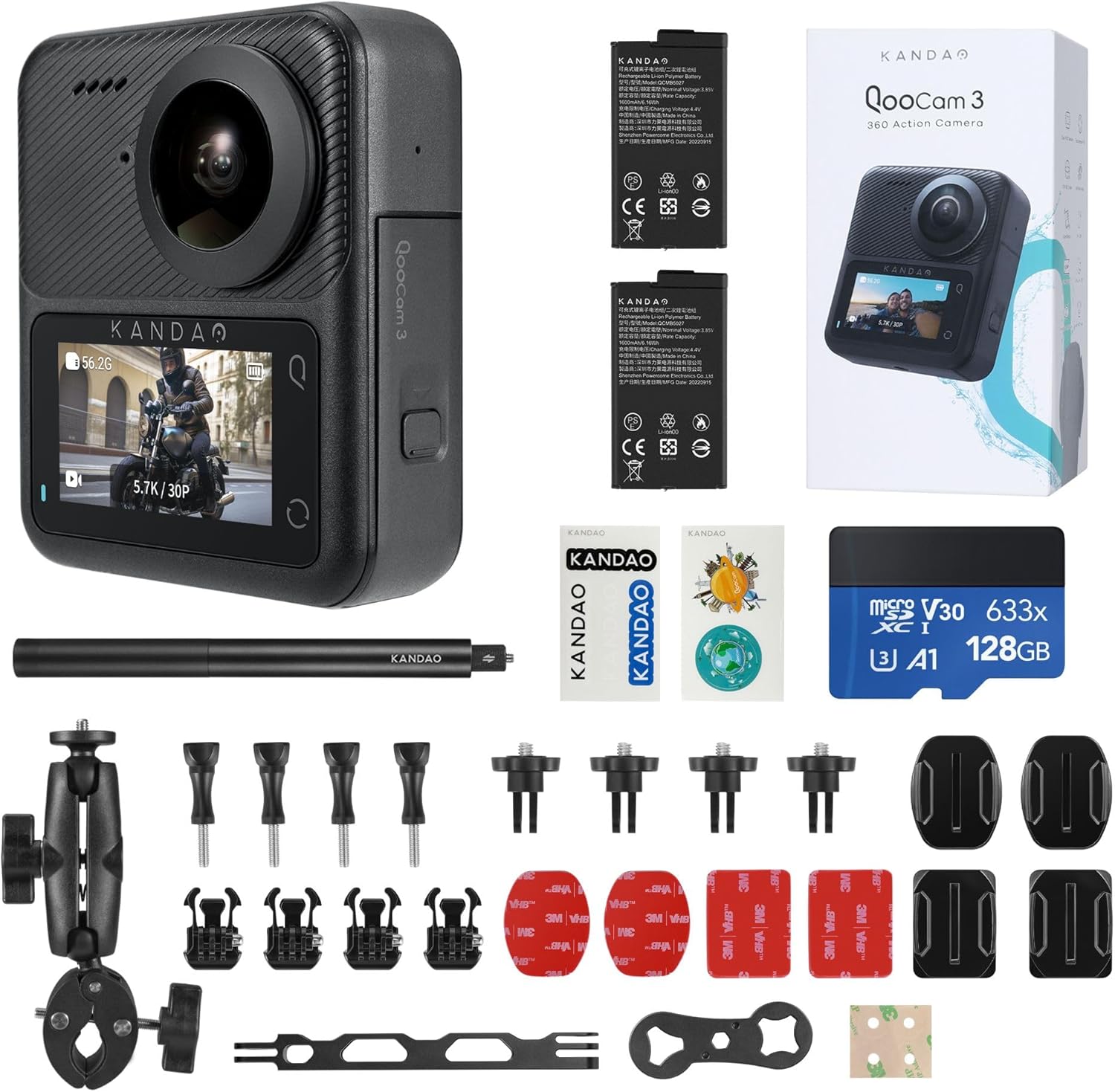 KanDao QooCam 3 Action Camera, Motorcycle Combo, 5.7K 62MP Photo 60fps Flawless 360 Video Camera, Dual 1/1.55 Inch Sensors Better for Record Vlog Camera, Super Steady Stabilisation Waterproof