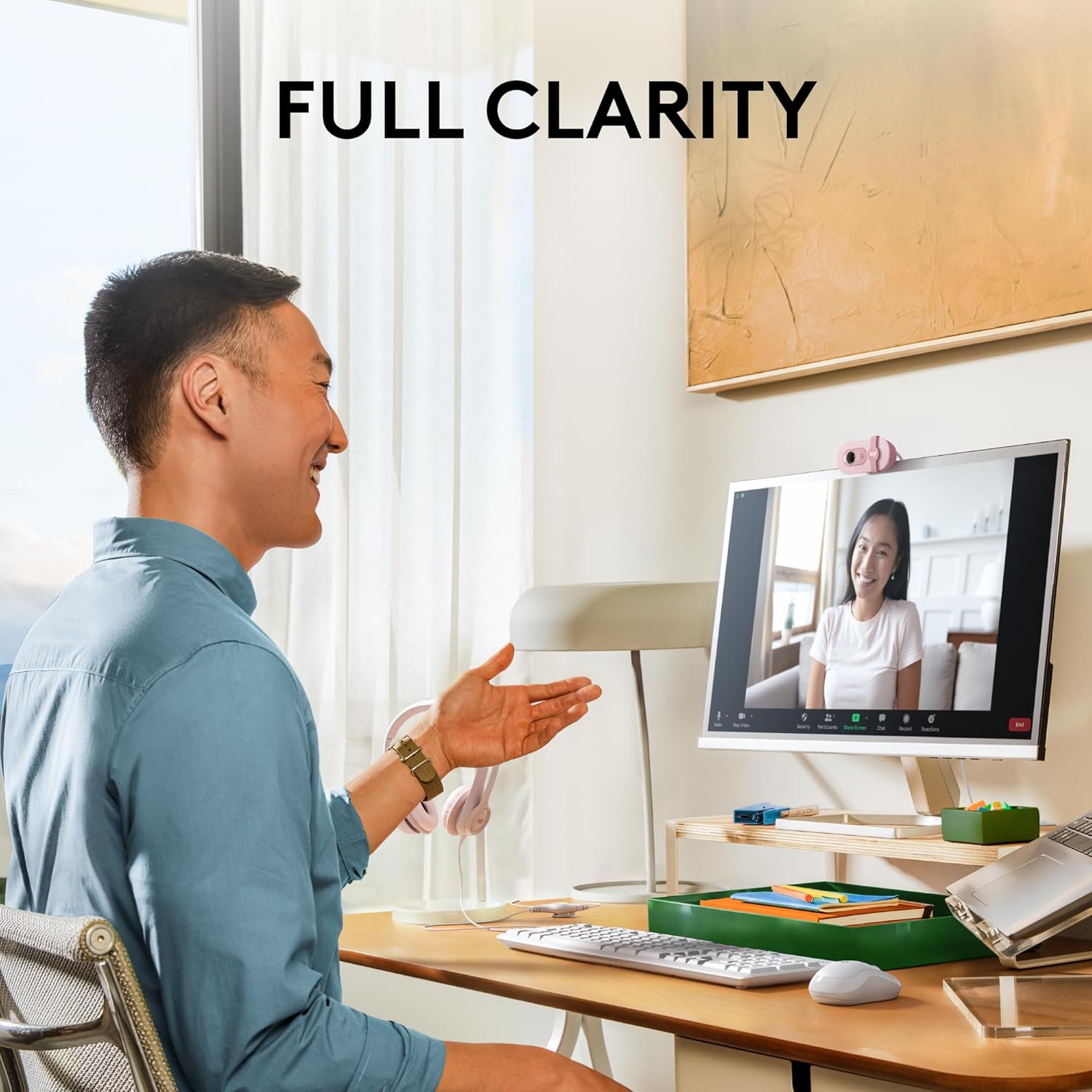 Logitech Brio 100 Full HD 1080p Webcam, Auto-Light Balance, Built-in Mic, Privacy Shutter, USB-A – Rose