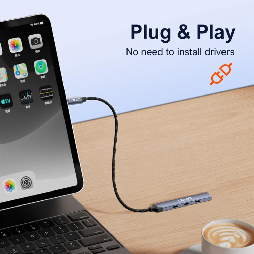 LDNIO DS‑74C USB‑C Multi‑Port Hub with 3× USB‑C & 1× USB 3.0 Ports, High‑Speed Data Transfer Adapter for Laptop, MacBook, Tablet & USB‑C Devices