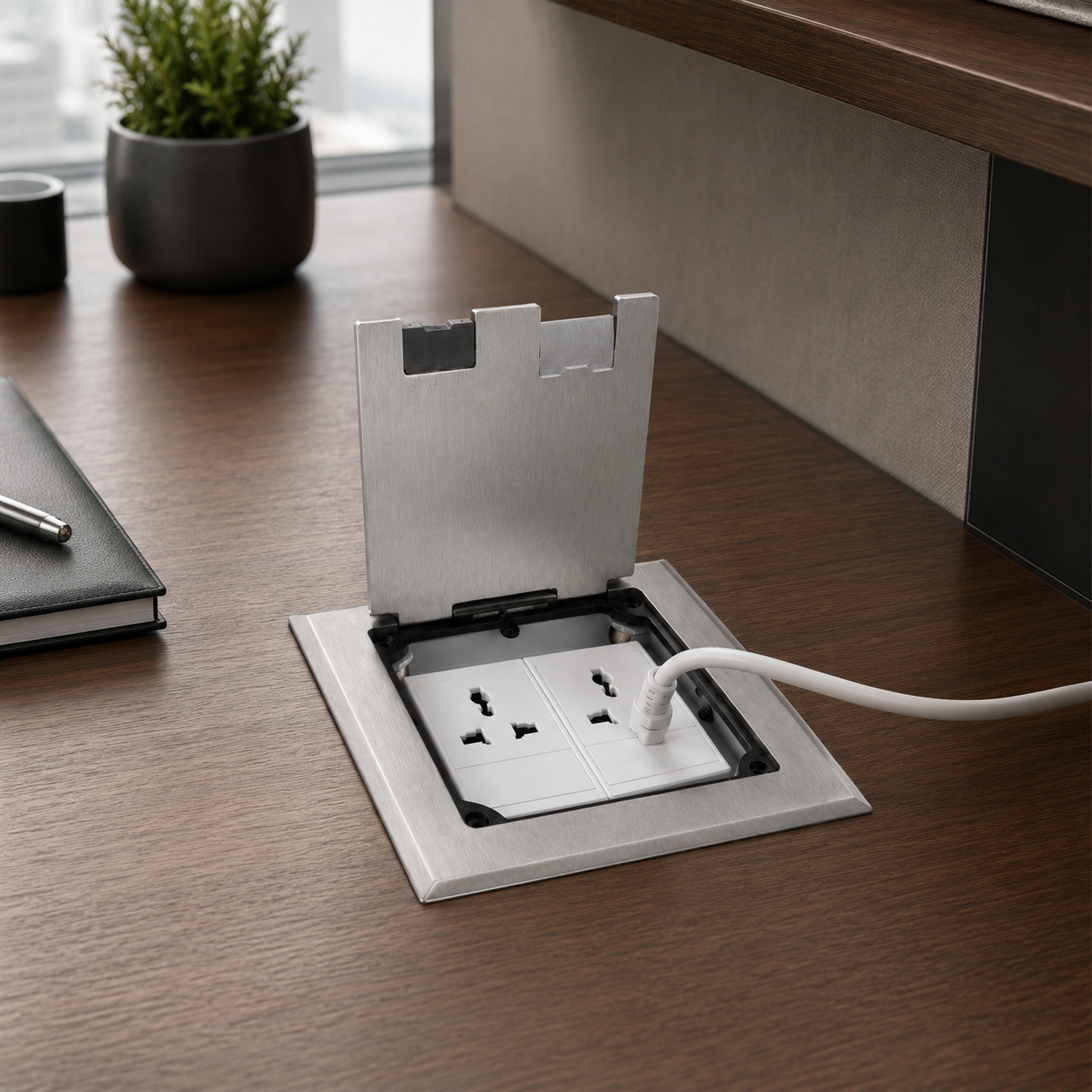 Avetron Flip-Top Floor Socket, 2 Universal Power Outlets, 304 Stainless Steel Panel, White Matte