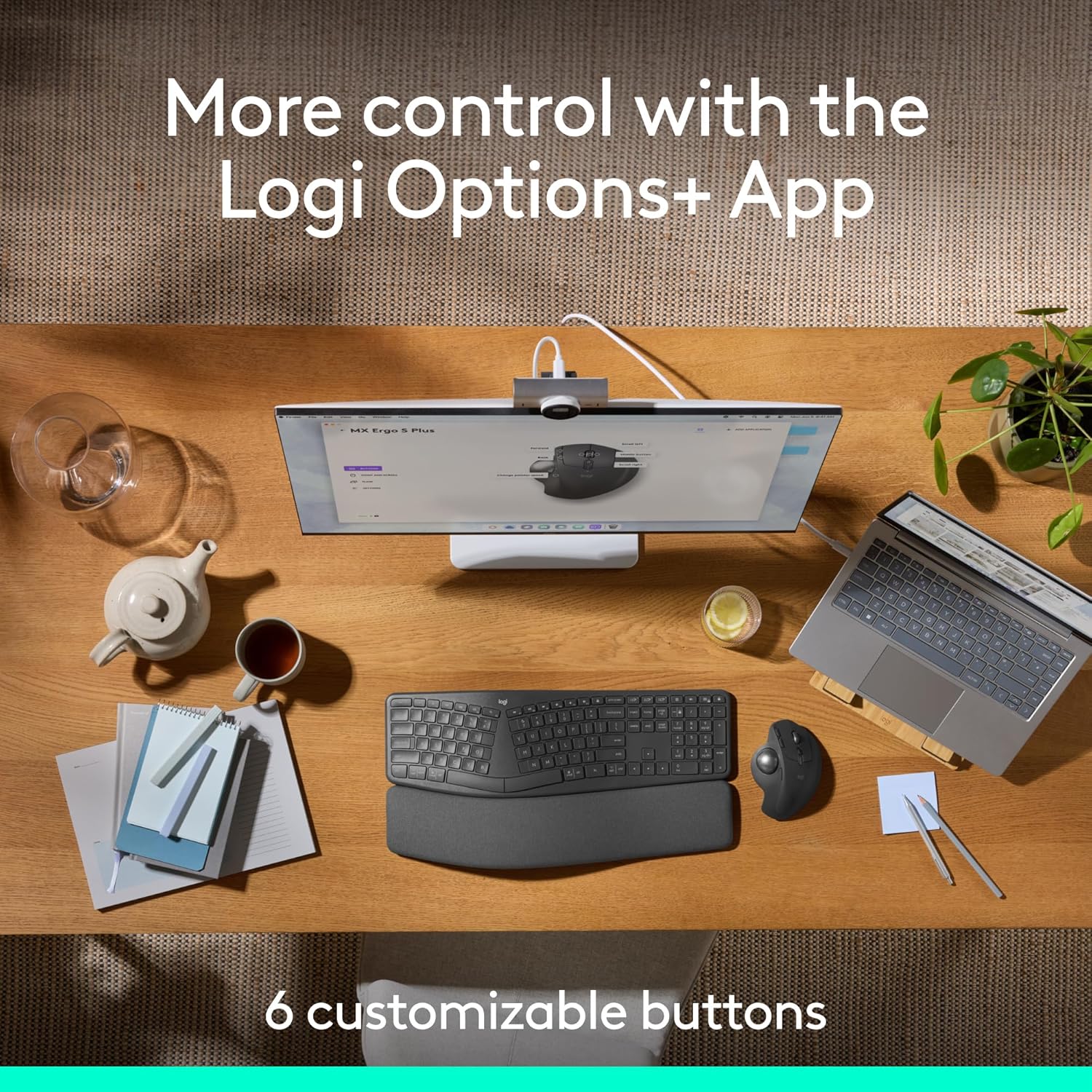 ماوس كرة التتبع اللاسلكي Logitech MX Ergo S Advanced - إمالة 20 درجة، قابل لإعادة الشحن عبر USB-C، 6 أزرار مخصصة، بلوتوث/مسامير مزدوجة، دقة 512-2048 نقطة في البوصة