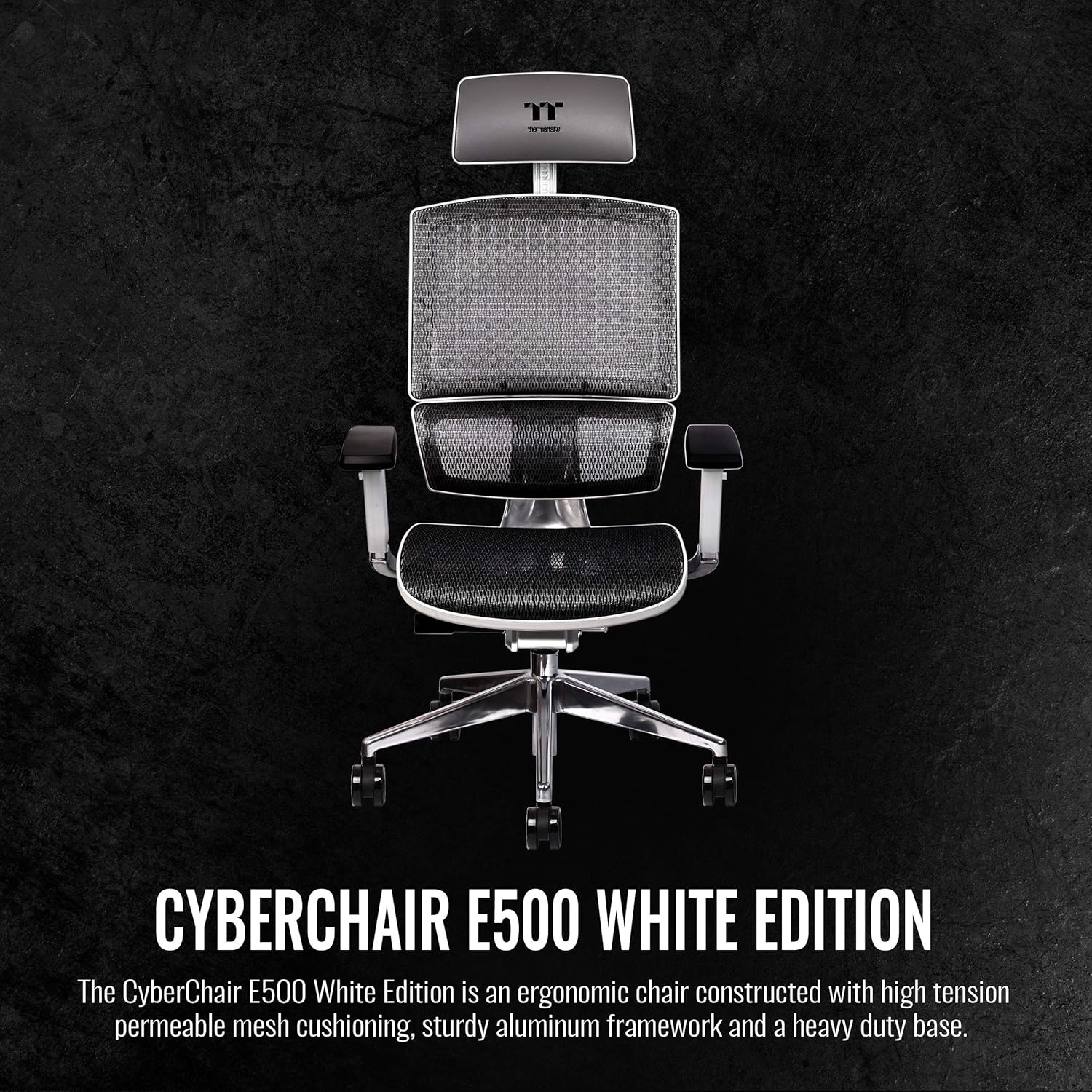 كرسي الألعاب Thermaltake CyberChair E500 المريح، مصنوع من هيكل من الألومنيوم ووسادة شبكية ومسند رأس/عمق مقعد/ارتفاع مقعد/مسند ذراع قابل للتعديل في 4 اتجاهات، باللون الأبيض 