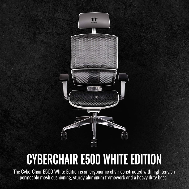 Thermaltake CyberChair E500 Mesh Cushion Aluminum Framework Headrest/Seat Depth/Seat Height/4-Directional Armrest Adjustable Ergonomic Gaming Chair, White