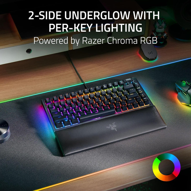 لوحة مفاتيح ميكانيكية للألعاب Razer BlackWidow V4 75%: تصميم قابل للتبديل السريع، مفاتيح لمسية مدمجة ومتينة، برتقالية اللون، أسطوانة Chroma RGB-MF ومفاتيح الوسائط، مسند معصم مريح - أسود