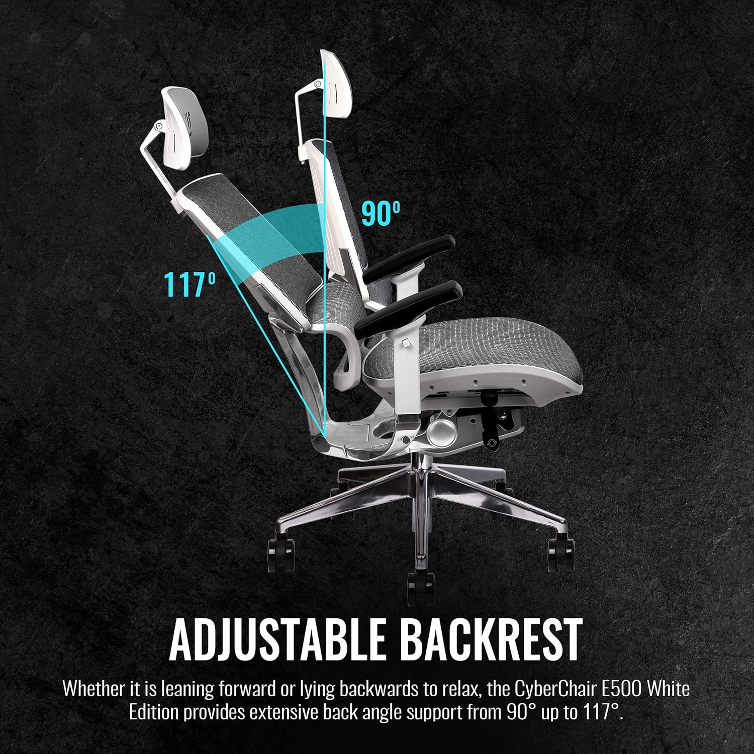 كرسي الألعاب Thermaltake CyberChair E500 المريح، مصنوع من هيكل من الألومنيوم ووسادة شبكية ومسند رأس/عمق مقعد/ارتفاع مقعد/مسند ذراع قابل للتعديل في 4 اتجاهات، باللون الأبيض 