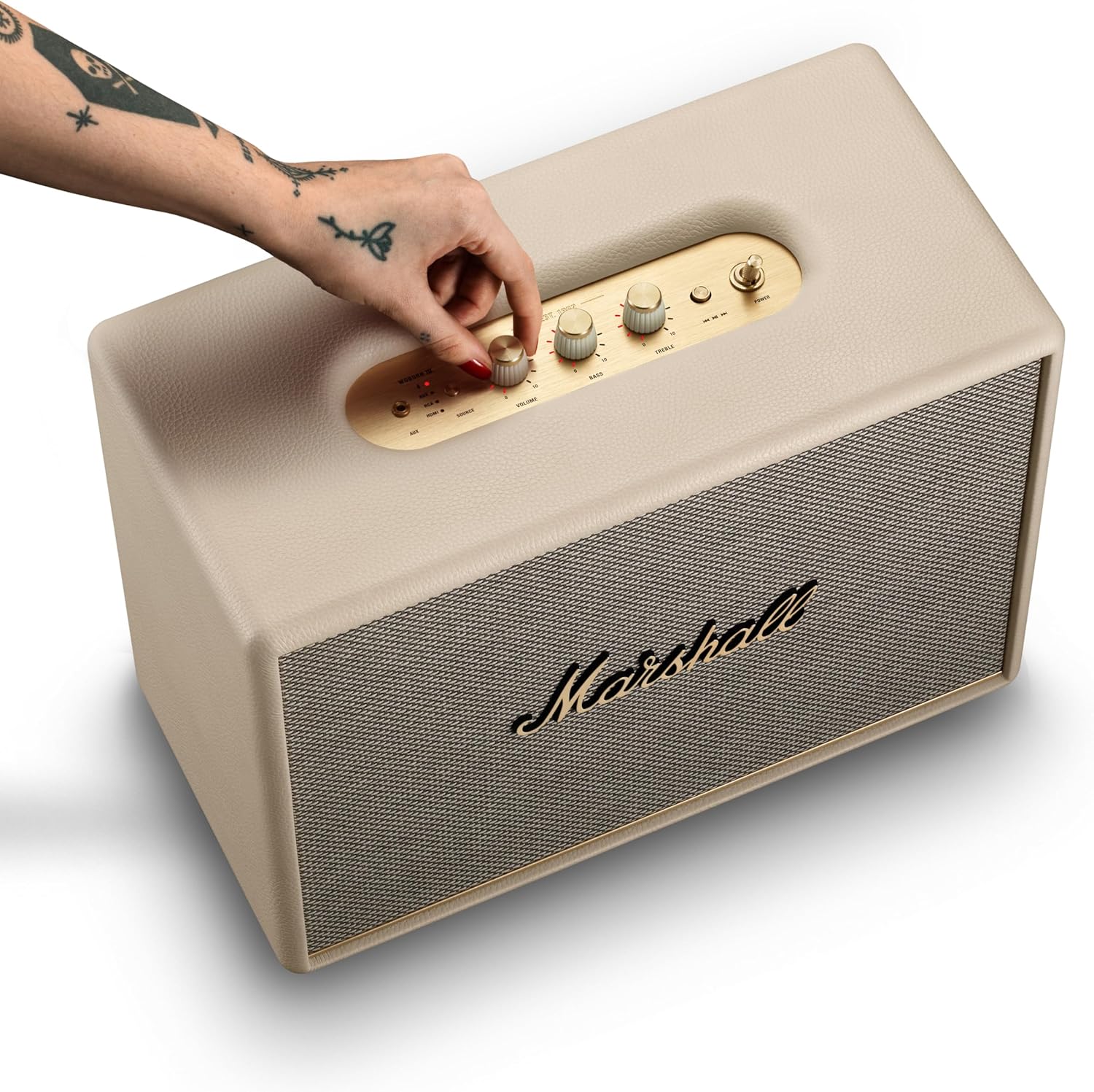 Marshall Woburn III Bluetooth Home Speaker - Loud Stereo Sound with Bass and Treble Controls , Plug-in Powered , Record Player Compatible , HDMI, RCA, 3.5mm Aux Inputs - Cream