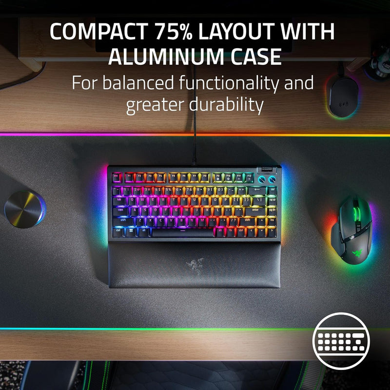 لوحة مفاتيح ميكانيكية للألعاب Razer BlackWidow V4 75%: تصميم قابل للتبديل السريع، مفاتيح لمسية مدمجة ومتينة، برتقالية اللون، أسطوانة Chroma RGB-MF ومفاتيح الوسائط، مسند معصم مريح - أسود