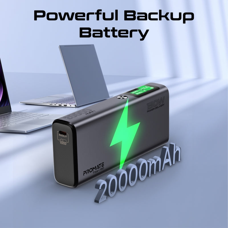 Promate 20,000mAH Power Bank, Super-Slim 130W Power Delivery with Smart TFT LCD Display, Durable Metal Made, Over Charge Protection for USB-C and USB-A Devices.
