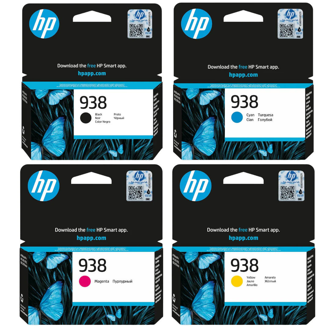 HP 938 Original Ink Set (Black + Cyan + Magenta + Yellow) – Approx. 1,250 B/W / 1,000–1,300 Color Pages – Sold as a Set of Four Cartridges