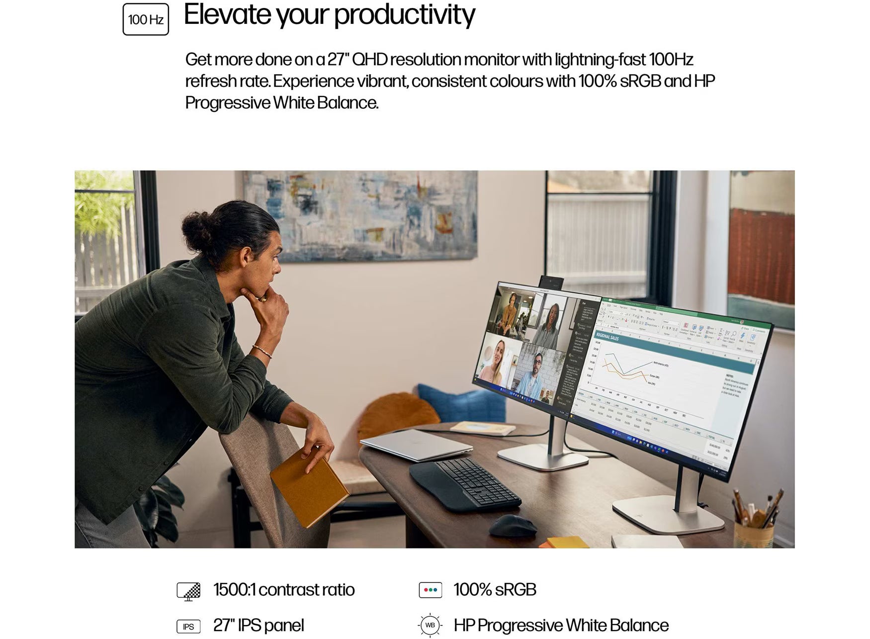 HP Series 5 Pro 27″ QHD Monitor  527pq  – 2560×1440 IPS, 100 Hz, 350 nits, 100% sRGB, 4‑Way Ergonomic, USB‑A/B Hub