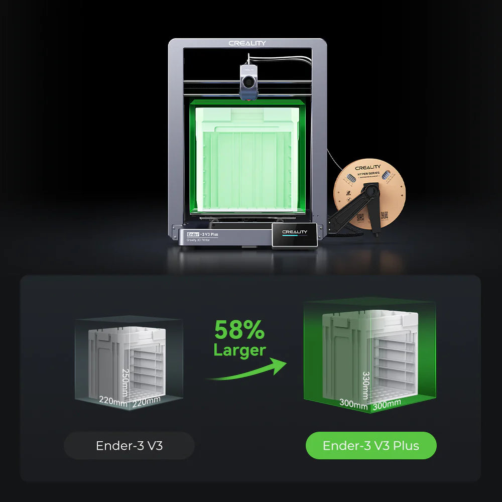 طابعة ثلاثية الأبعاد Creality Ender‑3 V3 Plus - حجم بناء كبير 300×300×330 مم، هيكل CoreXZ عالي السرعة، محركان ثنائيان للمحور Y، تسوية تلقائية، شاشة تعمل باللمس، USB وWiFi