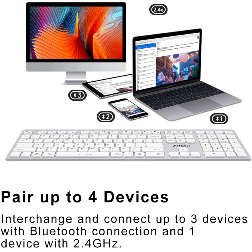لوحة مفاتيح A4Tech FBX50C ثنائية الوضع لاسلكية – بلوتوث و٢٫٤ جيجاهرتز، قابلة لإعادة الشحن، مفاتيح مقصية، تدعم حتى ٤ أجهزة
