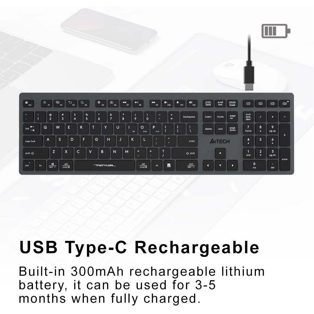 لوحة مفاتيح A4Tech FBX50C ثنائية الوضع لاسلكية – بلوتوث و٢٫٤ جيجاهرتز، قابلة لإعادة الشحن، مفاتيح مقصية، تدعم حتى ٤ أجهزة