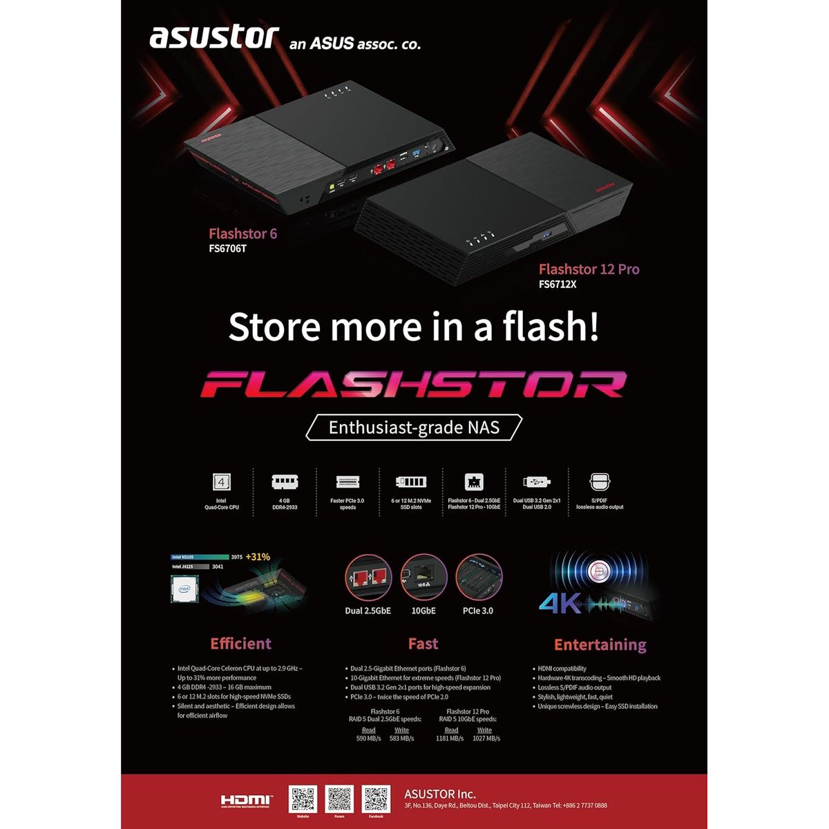 ASUSTOR Flashstor 12 Pro FS6712X NAS – All-Flash NVMe Storage, Intel Celeron N5105, Dual 2.5GbE, 4GB RAM