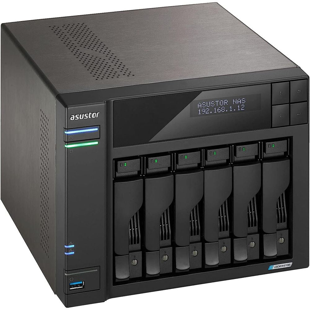 ASUSTOR LOCKERSTOR 6 Gen2 (AS6706T) – جهاز تخزين شبكي بستة منافذ مع معالج Intel Celeron N5105، وذاكرة ٤ جيجابايت DDR4، ومنفذين ٢.٥ جيجابت إيثرنت، ومنفذين M.2 NVMe، و HDMI 2.0b