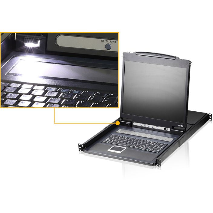 مفتاح KVM LCD أحادي السكة من ATEN بثمانية منافذ مع شاشة بإضاءة خلفية LED مقاس 19 بوصة، يدعم PS/2 وUSB، ويتصل حتى 128 جهاز كمبيوتر، ويمكن تركيبه على الرف مع محولات