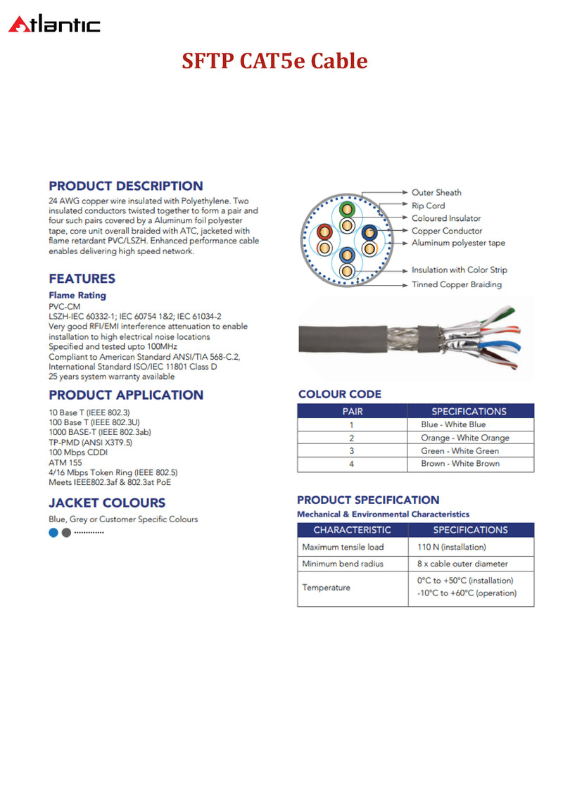 كابل أتلانتيك Cat5 SFTP بطول 305 متر