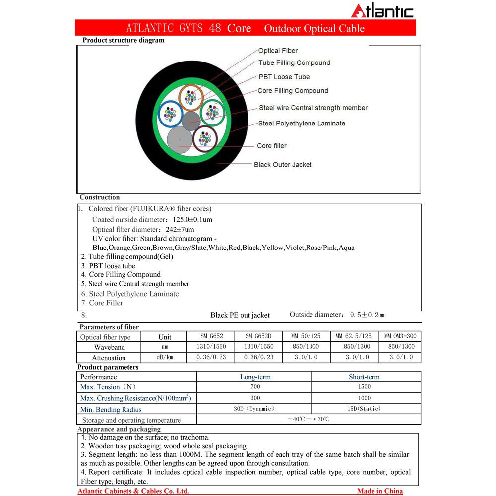 Atlantic Fujikura 1KM Fiber Optic Cable - 48-Core - Single Mode (G652D) & Multimode (OM3 50/125) - 9.5mm PE Jacket - Colored Fibers