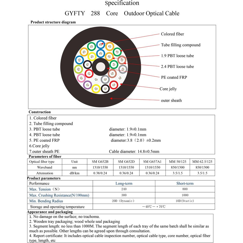 Atlantic 2KM GYFTY 288 Core Outdoor Optical Fiber Cable – SM G652B/D, 1310/1550nm, PE Outer Sheath, Long-term Tension 240N