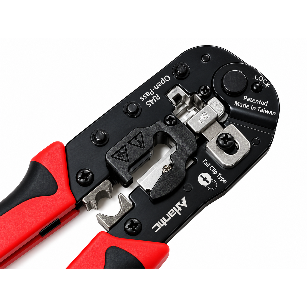 Atlantic AT-581EQ RJ45 Open-Pass Modular Plug Crimper, Ratchet Crimping, Cutting & Stripping Tool for Shielded/Unshielded Plugs