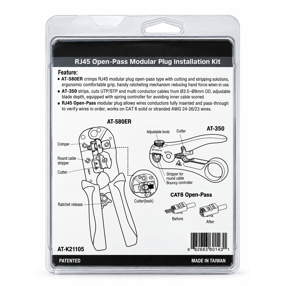 Atlantic AT-K21105 RJ45 Open-Pass Installation Kit, AT-580ER Ratchet Crimper & AT-350 Cable Stripper for CAT6 UTP/STP
