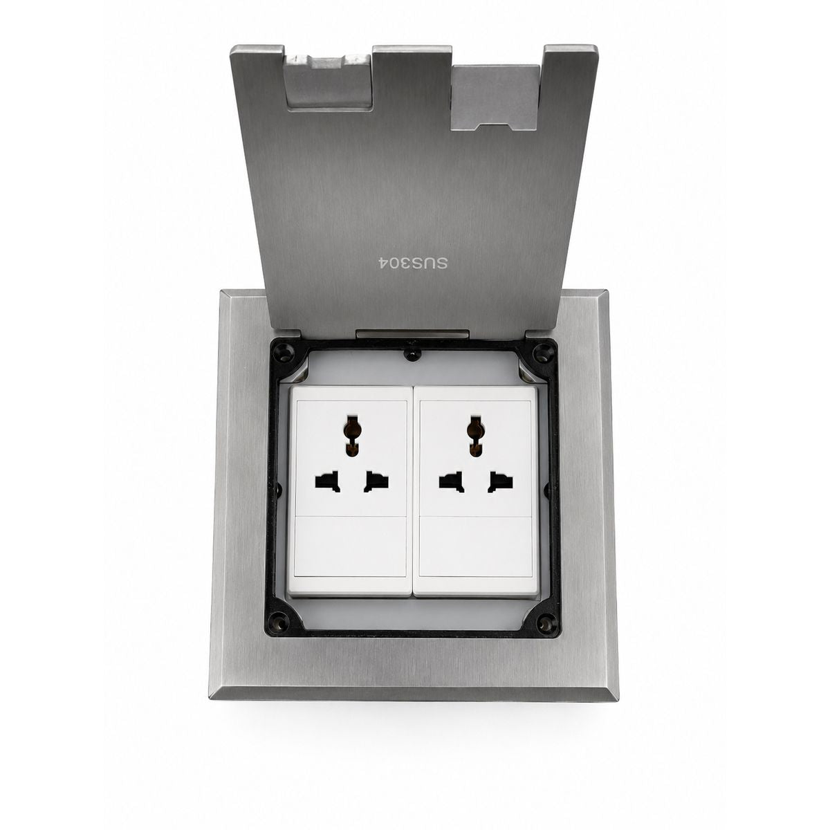 Avetron Flip-Top Floor Socket, 2 Universal Power Outlets, 304 Stainless Steel Panel, White Matte