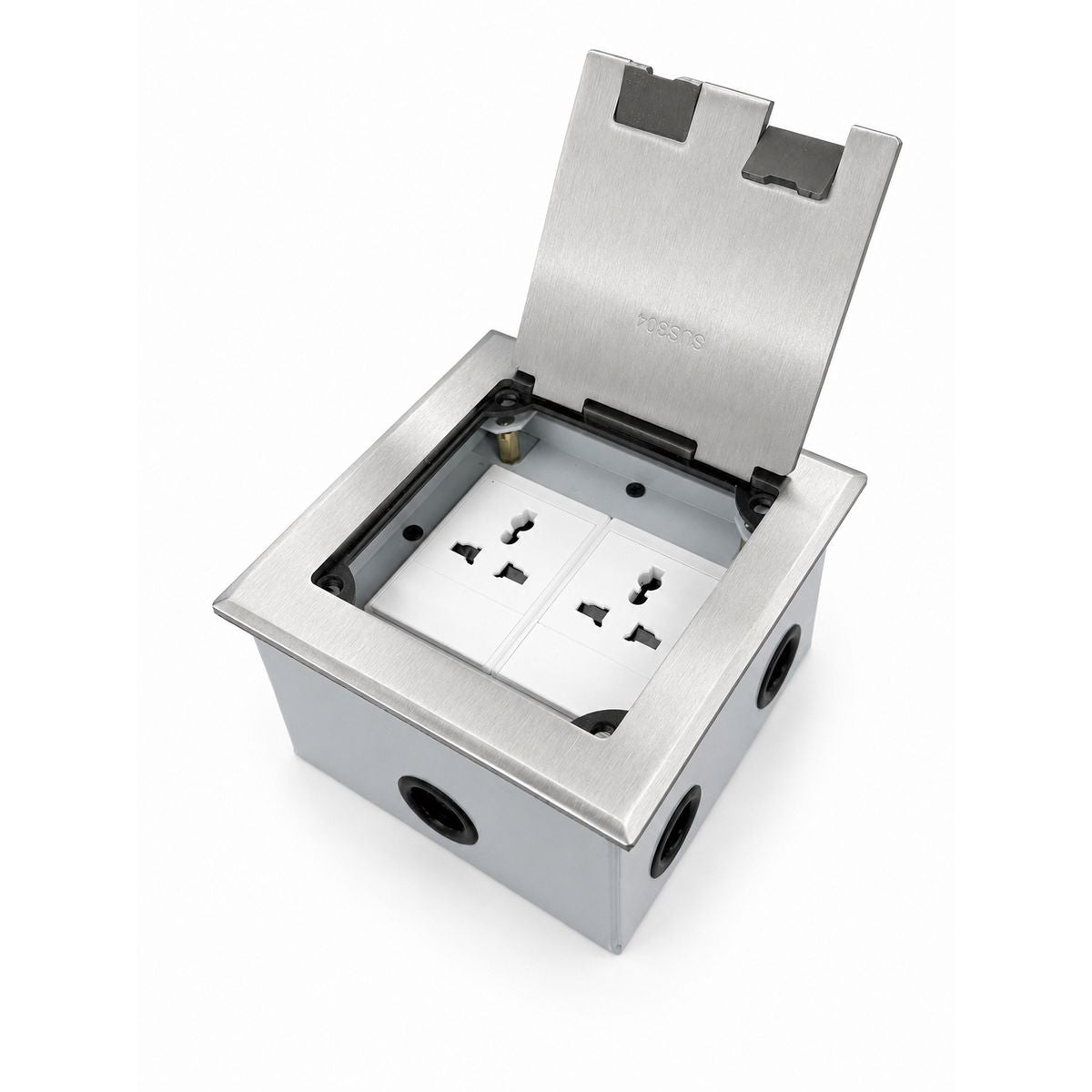 Avetron Flip-Top Floor Socket, 2 Universal Power Outlets, 304 Stainless Steel Panel, White Matte