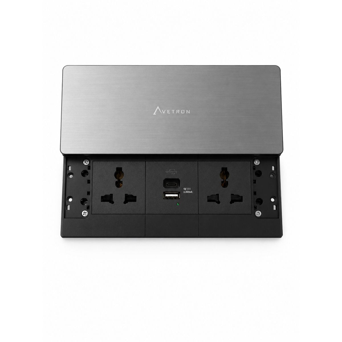 Avetron Slide-Open Desktop Power Box with USB-A & USB-C Charger and Dual Universal Sockets