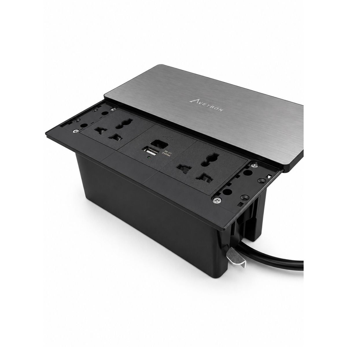 Avetron Slide-Open Desktop Power Box with USB-A & USB-C Charger and Dual Universal Sockets