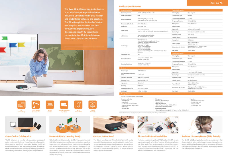 AVer SA-A5 Streaming Audio System with Teacher & Student Mics, Speakers, HDMI/USB, ALD Compatible – 5-Year Warranty