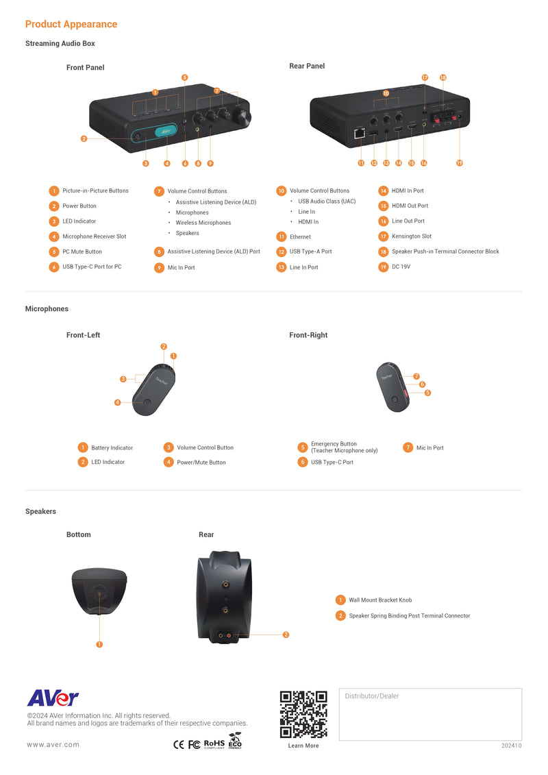 AVer SA-A5 Streaming Audio System with Teacher & Student Mics, Speakers, HDMI/USB, ALD Compatible – 5-Year Warranty