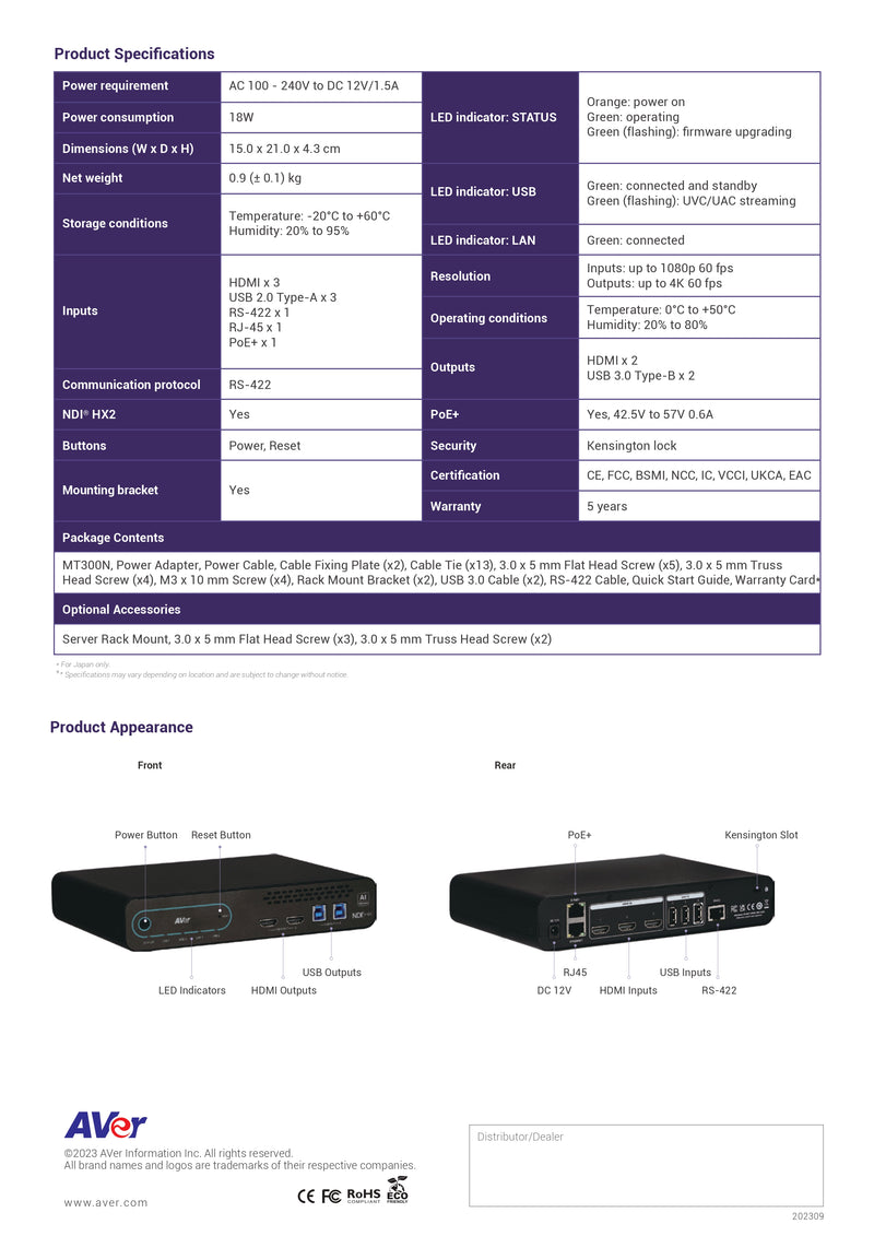 AVer MT300N Matrix Tracking Box with PTZ Link Premium, Voice Tracking, USB/HDMI/NDI|HX2 I/O, 4K60 Output, PoE+