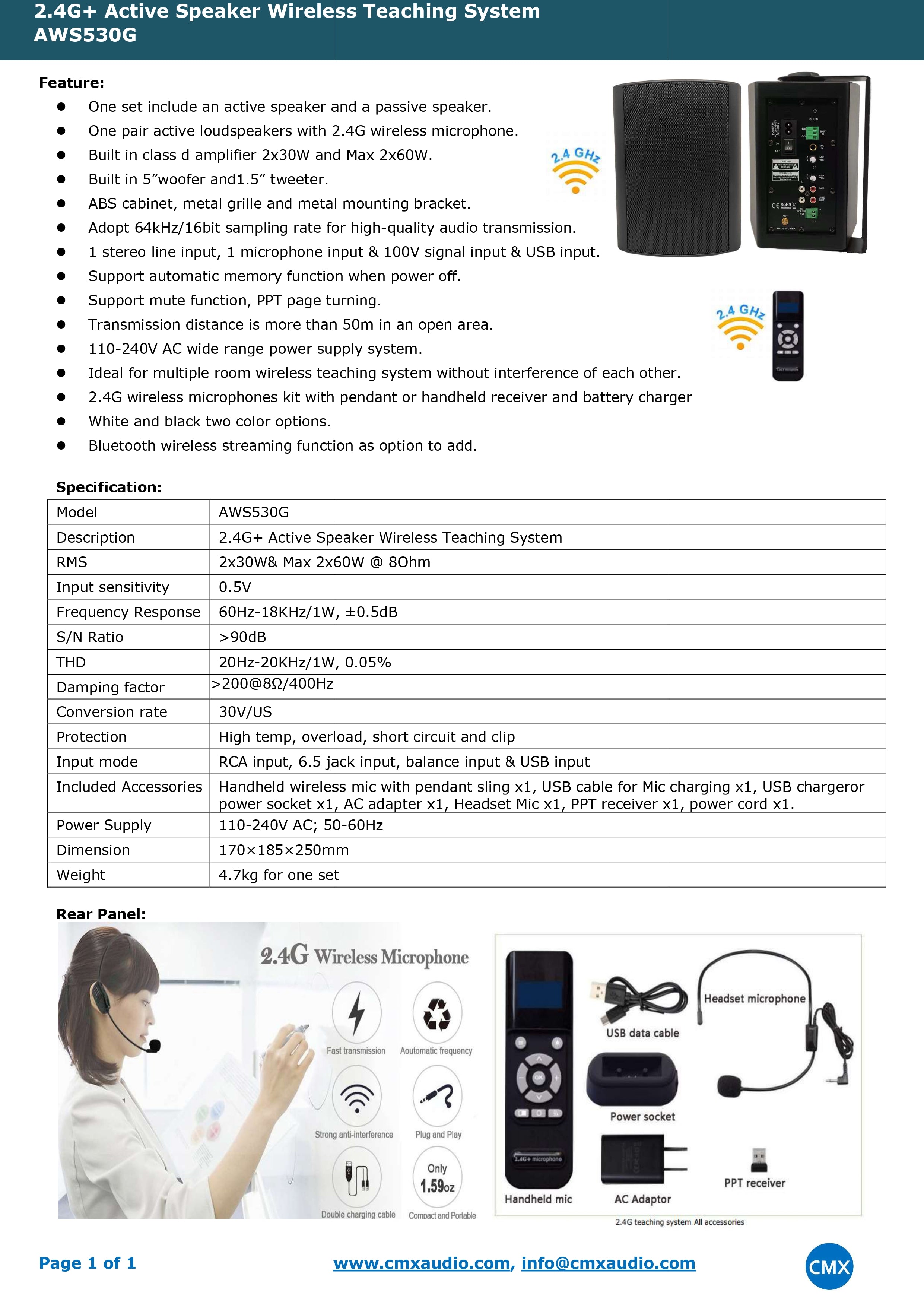 مجموعة مكبرات صوت حائط نشطة CMX AWS530 مع وافر 5.5 بوصة، 50 واط RMS، مدخل ميكروفون/RCA، هيكل ABS، للفصول الدراسية، القاعات، الفنادق، والأماكن العامة