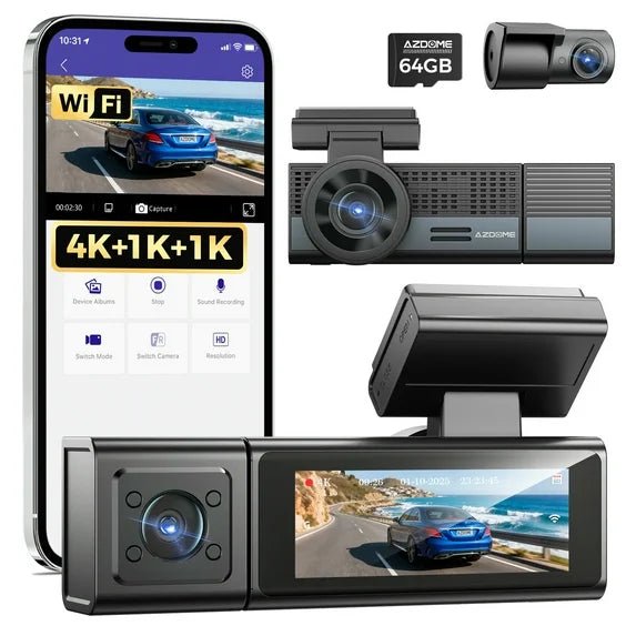 AZDOME M500 3-Channel 4K Dash Cam with Front, Rear & Inside Cameras, 3” IPS Screen, Built-in WiFi, 64GB Included, Night Vision, Parking Monitor, G-Sensor, Loop Recording