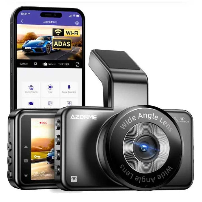 كاميرا داش للسيارة AZDOME M17 Pro مزودة بشبكة WiFi، بدقة 1296P Full HD+، وشاشة 2.45 بوصة، وزاوية واسعة 150°، ورؤية ليلية بتقنية WDR، ونظام ADAS، ومستشعر G، ووضع ركن بالتقاط متتابع، ومكثف فائق، ودعم بطاقات بسعة 128GB