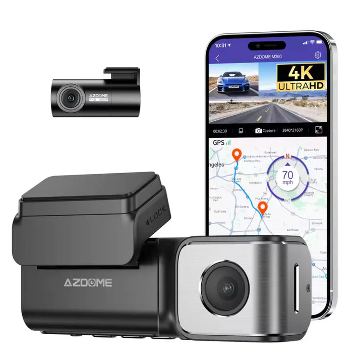 AZDome M360 2CH 4K Dash Cam with WiFi & GPS, Dual Channel Front & Rear Dashboard Camera, UHD 2160P Recording, 64GB Included, Night Vision, Parking Monitor, G-Sensor, Loop Recording
