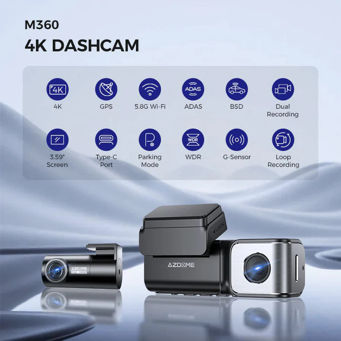 AZDome M360 2CH 4K Dash Cam with WiFi & GPS, Dual Channel Front & Rear Dashboard Camera, UHD 2160P Recording, 64GB Included, Night Vision, Parking Monitor, G-Sensor, Loop Recording