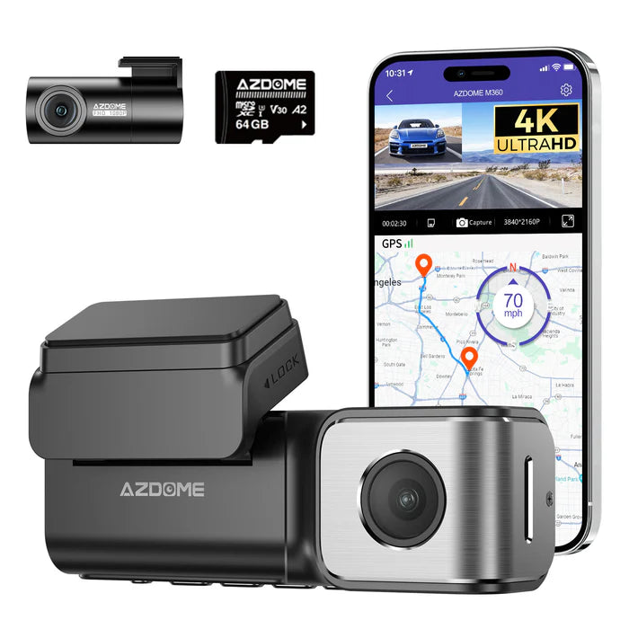 AZDome M360 2CH 4K Dash Cam with WiFi & GPS, Dual Channel Front & Rear Dashboard Camera, UHD 2160P Recording, 64GB Included, Night Vision, Parking Monitor, G-Sensor, Loop Recording