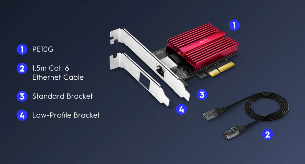Cudy PE10G 1.0 Single‑Port 10 Gbps PCI‑E Ethernet Adapter (10G/5G/2.5G/1G/100M), Wake-on‑LAN & Energy‑Efficient