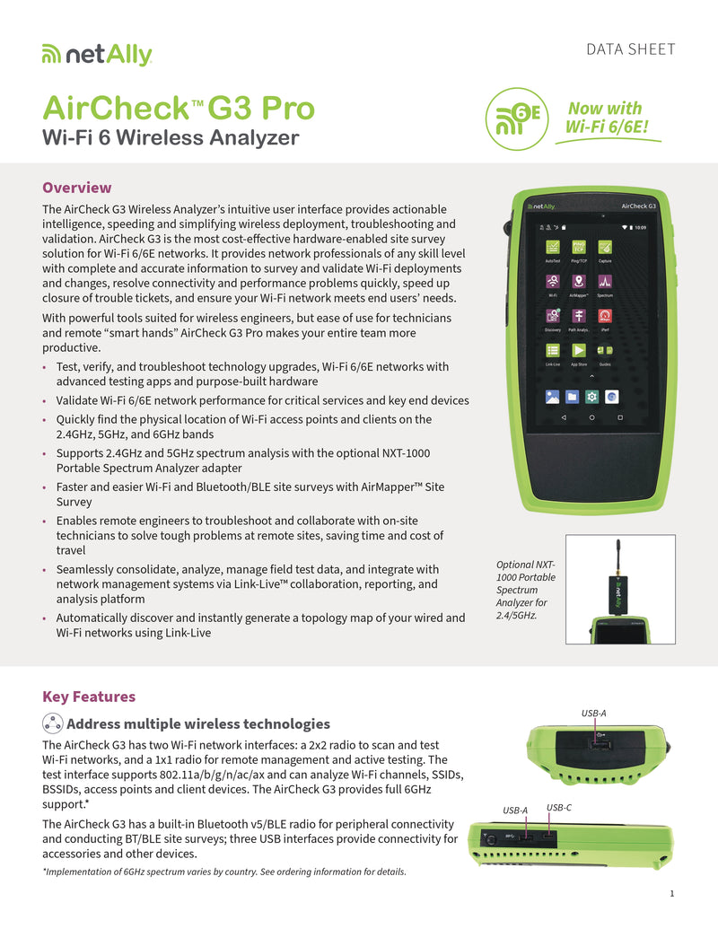 NetAlly AirCheck G3 Pro Wi-Fi 6/6E Wireless Analyzer with 7" Touchscreen, AutoTest, Spectrum Analysis & Wired Ethernet Testing