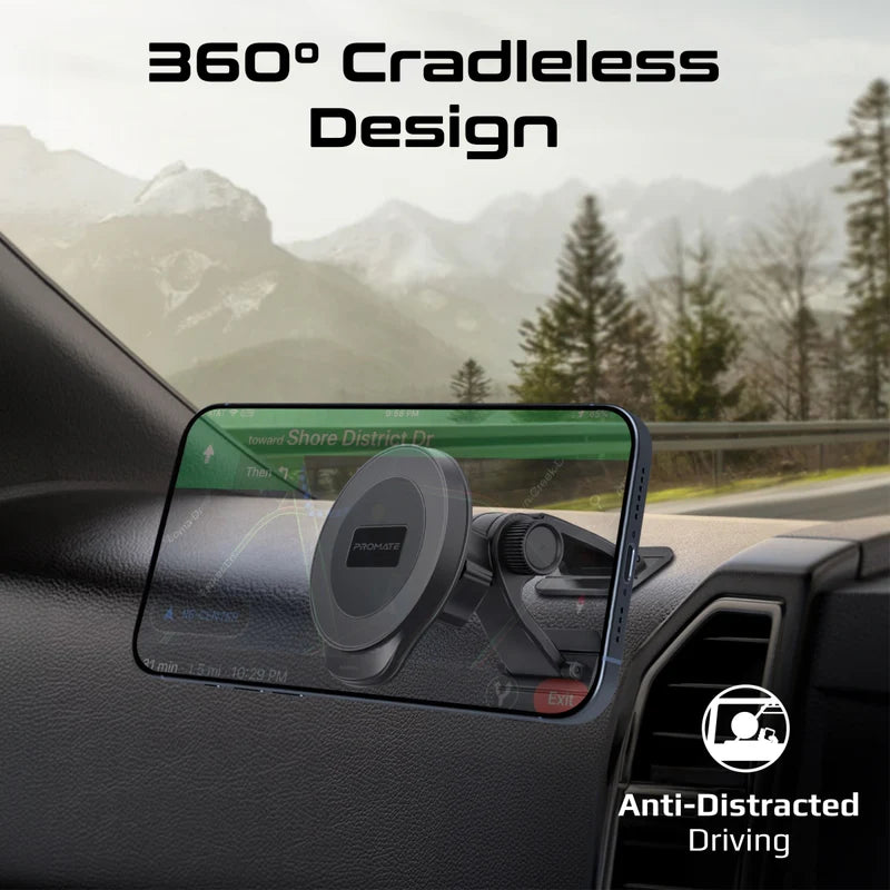 Promate ArcMount – حامل هاتف للسيارة بدون قاعدة مع 20 مغناطيسًا بتقنية MagGrip™ بزاوية دوران 360° للوحة القيادة المنحنية