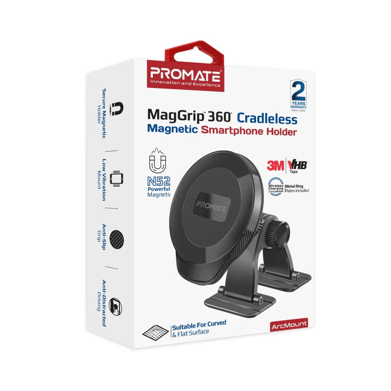 Promate ArcMount – حامل هاتف للسيارة بدون قاعدة مع 20 مغناطيسًا بتقنية MagGrip™ بزاوية دوران 360° للوحة القيادة المنحنية