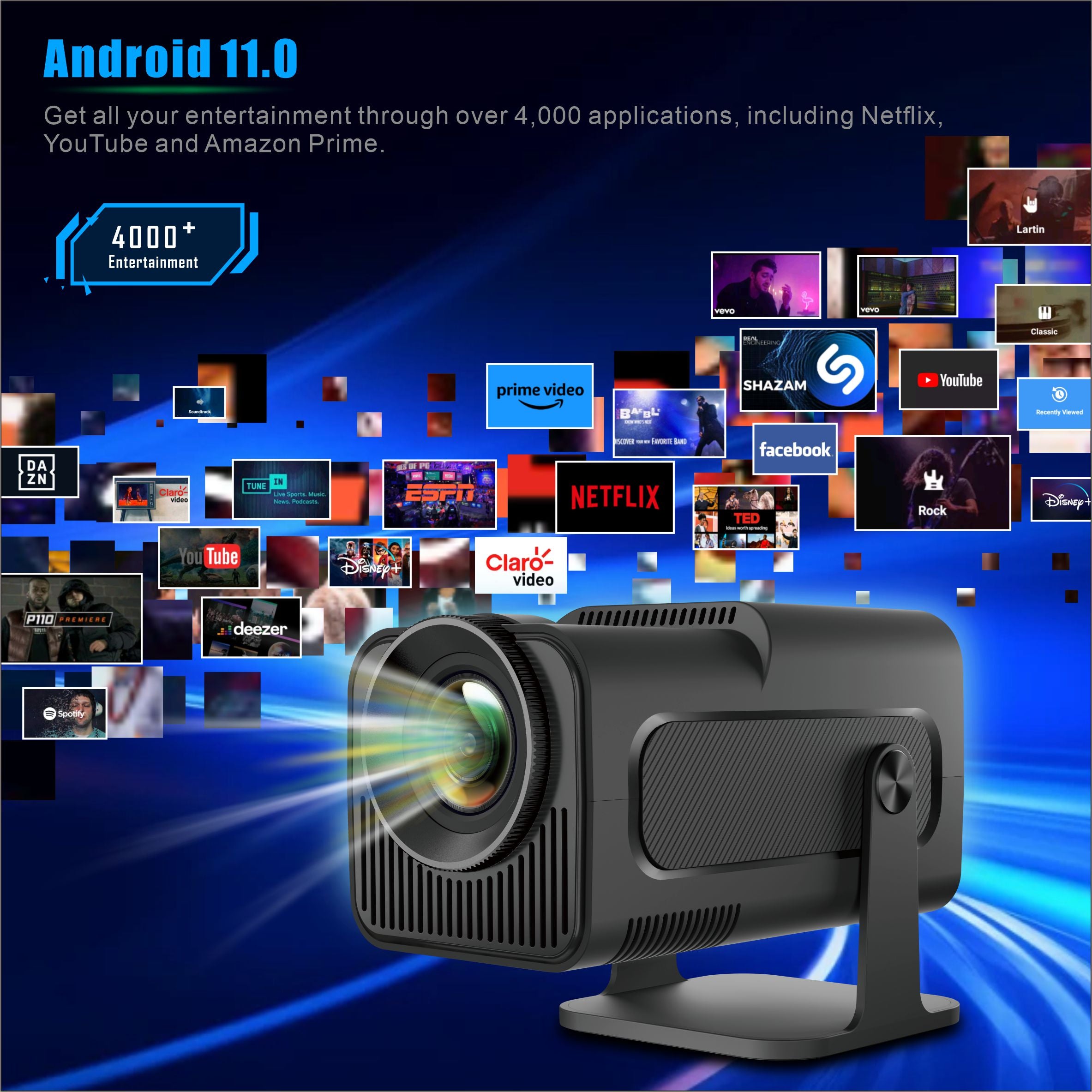 جهاز عرض منزلي LCD من Avetron مقاس 3.5 بوصة - دقة 1080 بكسل أصلية، 300 لومن ANSI، نظام Android 11، دعم 4K، شاشة بحد أقصى 150 بوصة، مصباح LED، تركيز يدوي، مكبر صوت مدمج