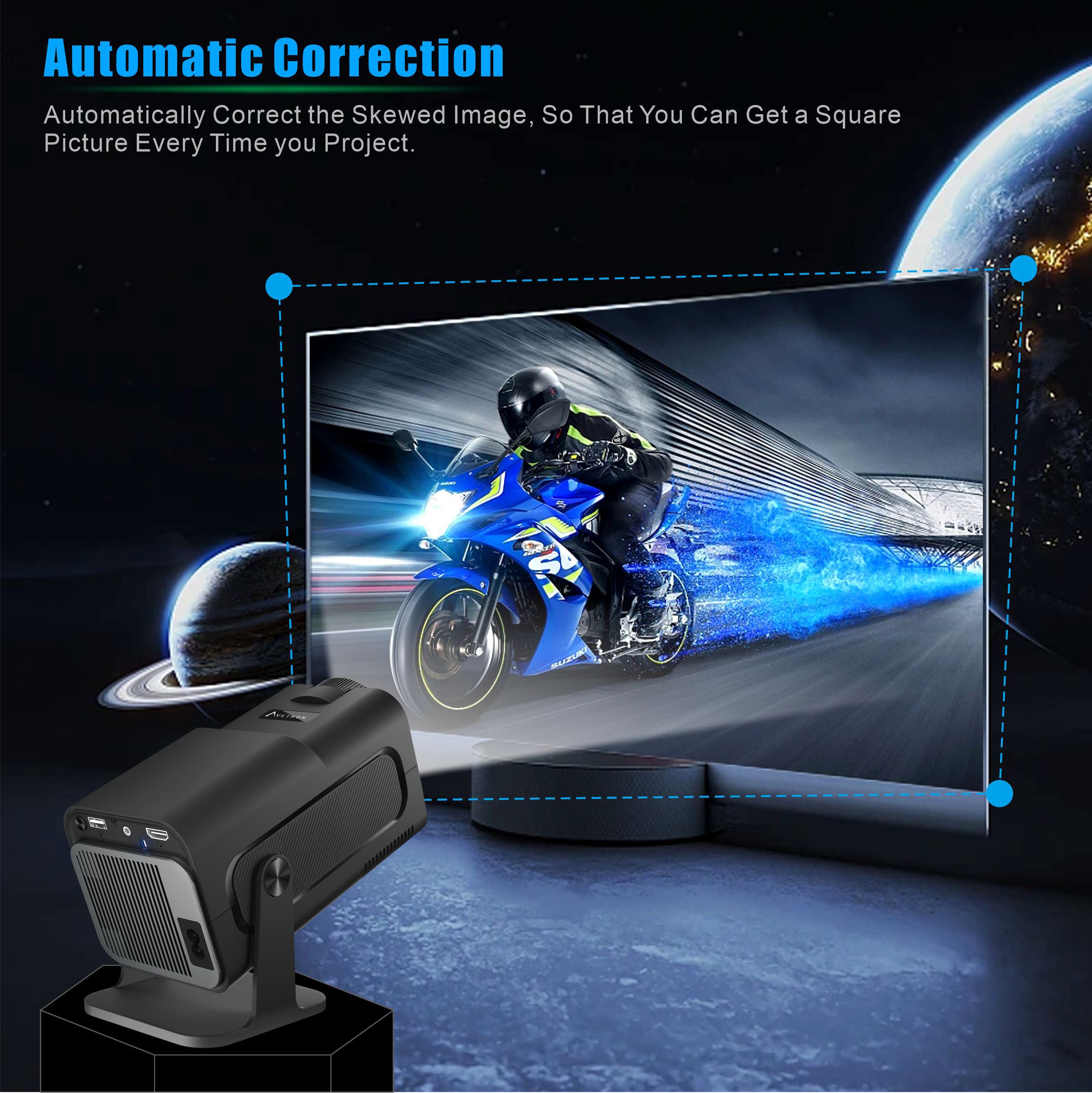جهاز عرض منزلي LCD من Avetron مقاس 3.5 بوصة - دقة 1080 بكسل أصلية، 300 لومن ANSI، نظام Android 11، دعم 4K، شاشة بحد أقصى 150 بوصة، مصباح LED، تركيز يدوي، مكبر صوت مدمج